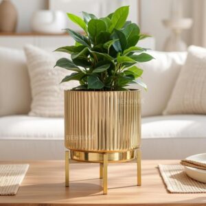 BEHOMA Fluted Metal Indoor Planter with Stand for Table Top Floor Living Room Drawing Room Balcony Office