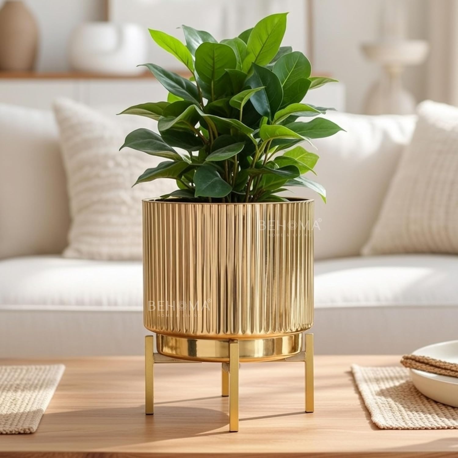 BEHOMA Fluted Metal Indoor Planter with Stand for Table Top Floor Living Room Drawing Room Balcony Office