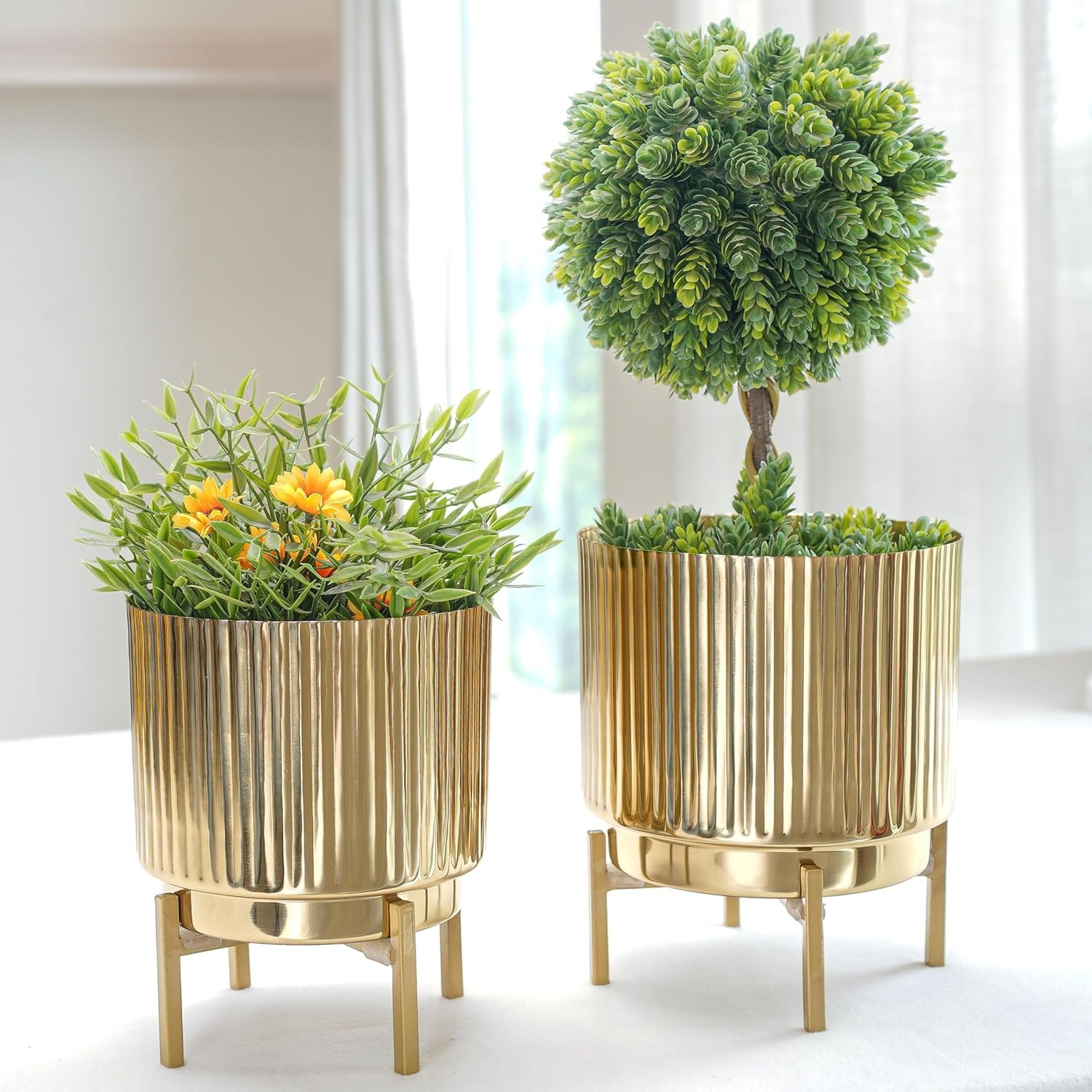 BEHOMA Fluted Metal Indoor Planter with Stand for Table Top Floor Living Room Drawing Room Balcony Office - Image 2