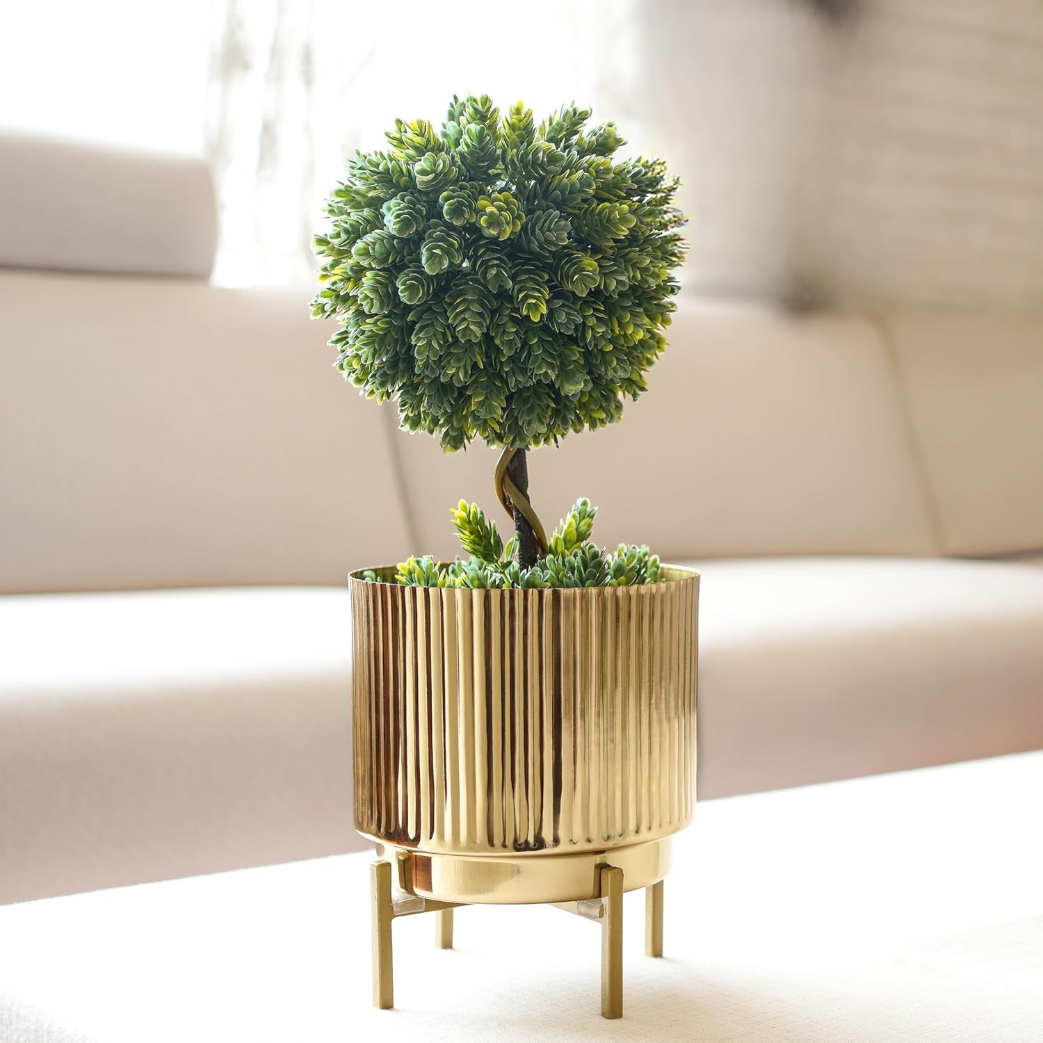 BEHOMA Fluted Metal Indoor Planter with Stand for Table Top Floor Living Room Drawing Room Balcony Office - Image 3